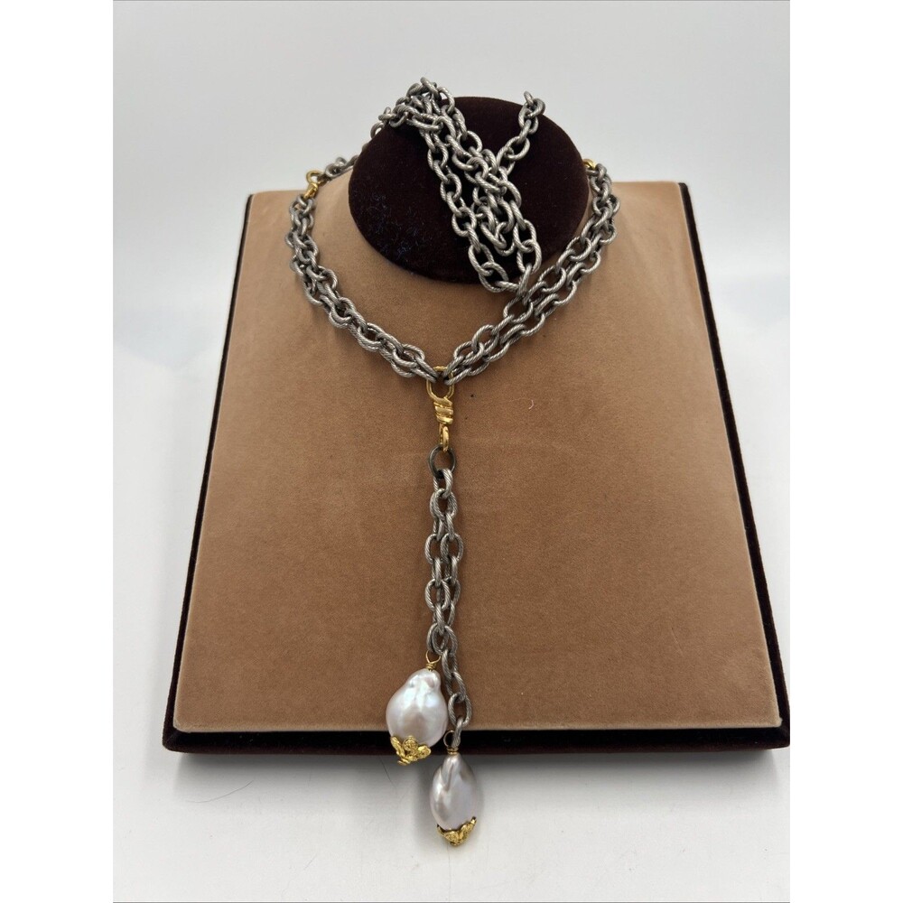Long Silver Gold Tone Chain Large Freshwater Baroque Pearls Tassel Drop Necklace